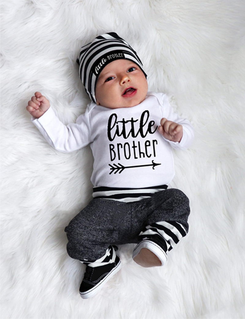 Fommy Baby Boy Clothes 3-6 Months Infant Boys Outfits Little Brother Letter Print Long Sleeve Romper Pants+Stripe Hat 3PCS Baby Boy Outfits 3-6 months - Image 2